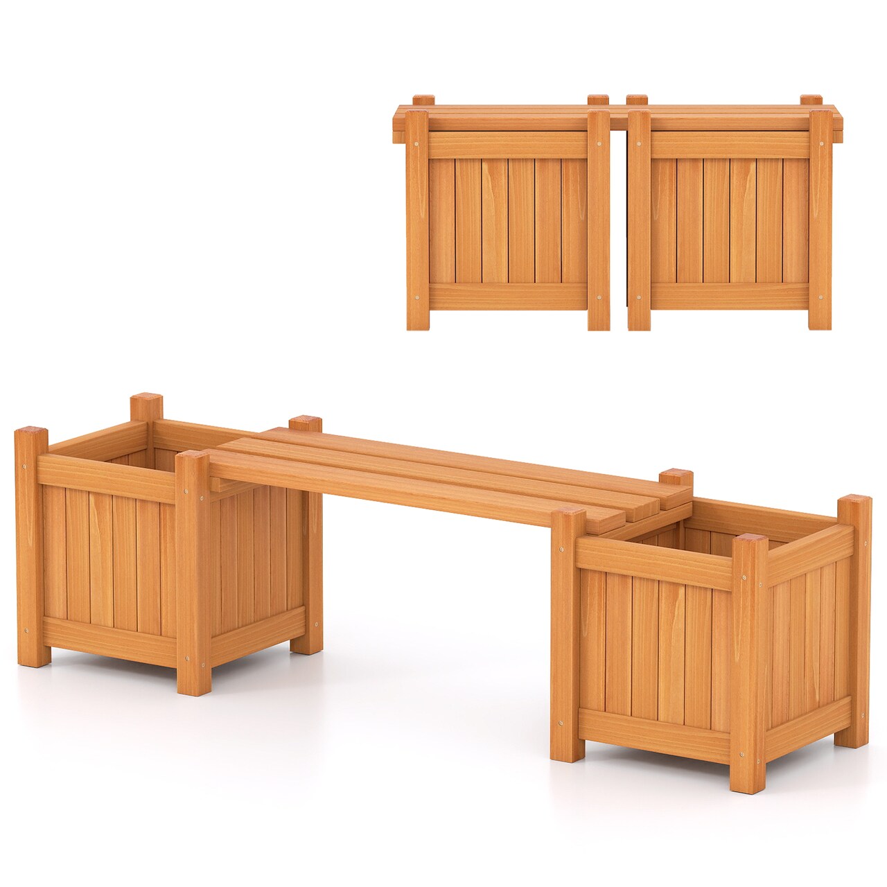 Wooden Garden Bench With Planter Boxes 3 In 1 Outdoor Bench Seat With Storage Fir Wood Patio Bench Orange